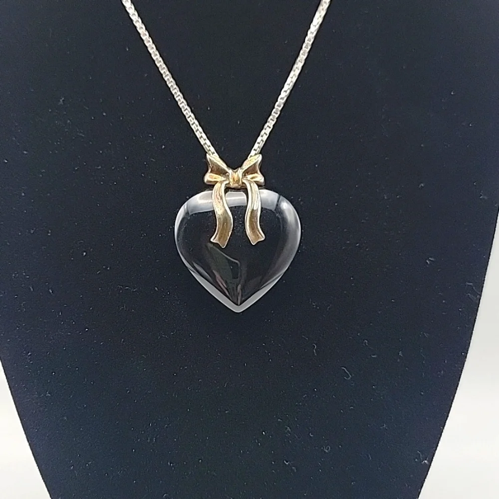 .925 Sterling Silver Black Obsidian Puffed Heart Pendant
